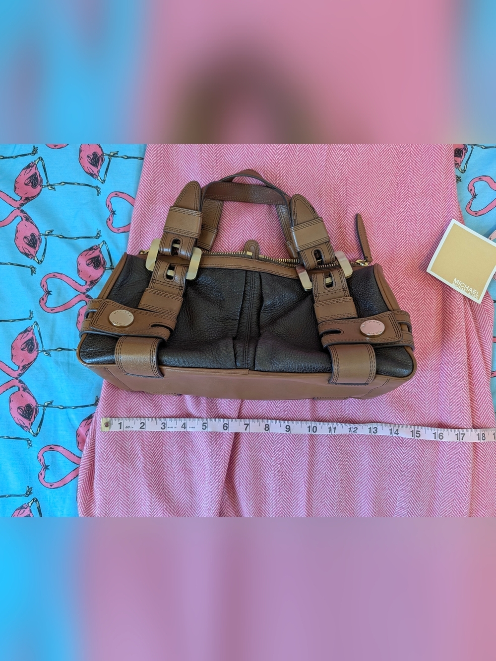 Michael Kors Leather Satchel Handbag in Dark Brown and Tan With Brass Detail - Picture 2 of 5